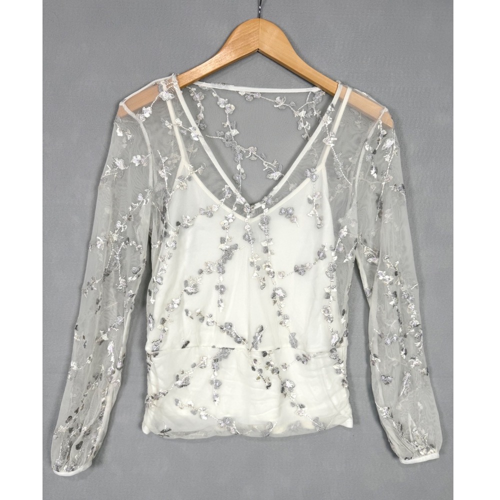 White House Black Market Mesh Top Womens S White NWOT Purple Floral Embroidered - Picture 1 of 11